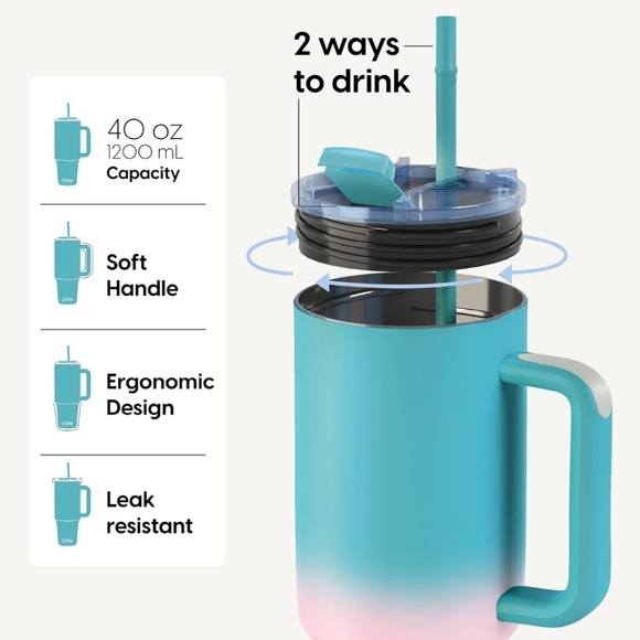 O'JAY 40oz Stainless Steel Insulated Travel Mug Green Pink - Picture 4 of 6